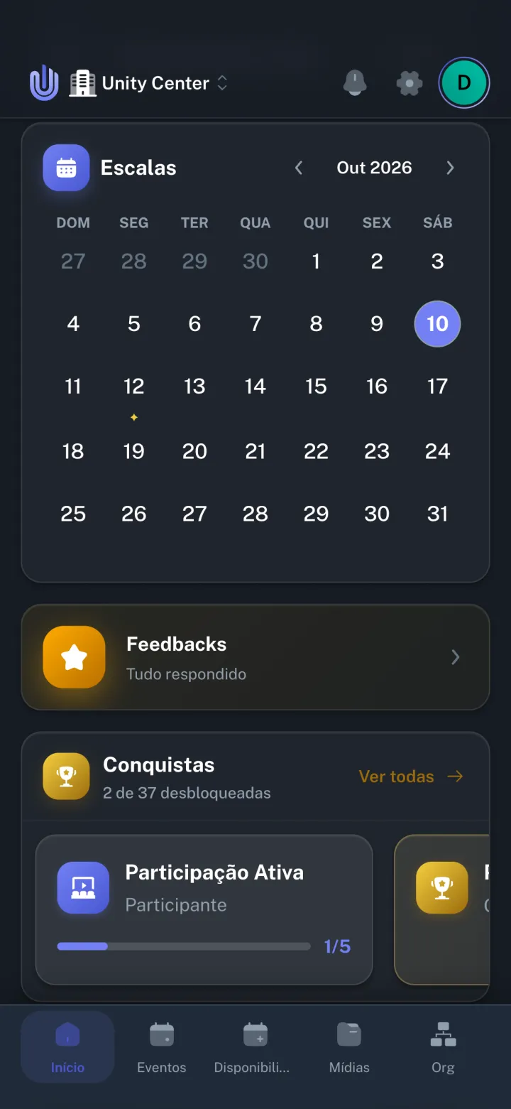 Tela de início do app com o calendário de escalas, os feedbacks e as conquistas do voluntário