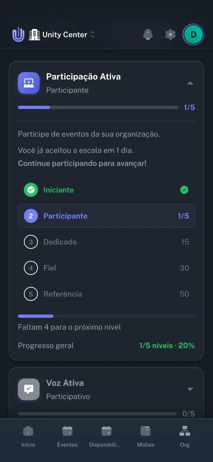 Detalhe de uma conquista no app, com os níveis e o progresso do voluntário