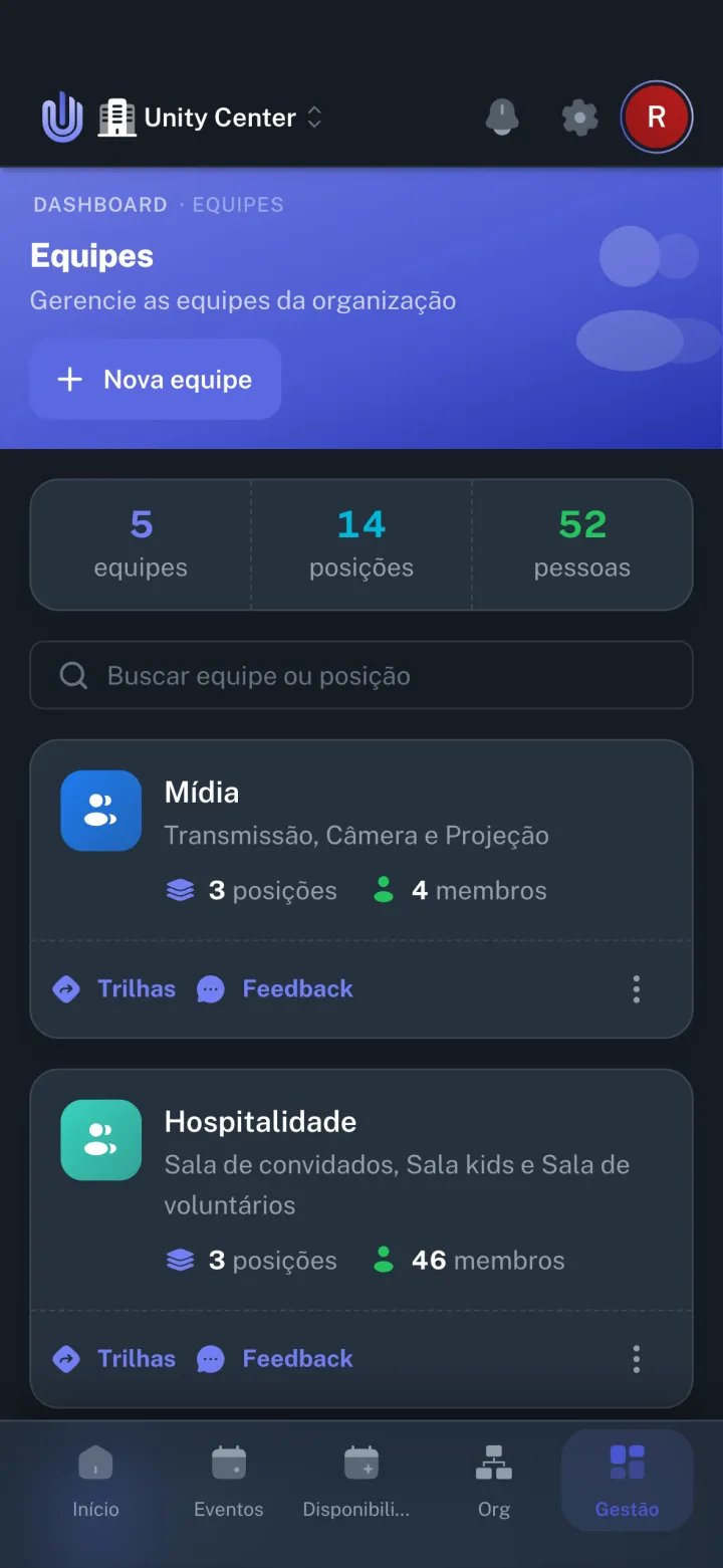 Equipes da igreja no celular, com o total de posições e de pessoas de cada ministério
