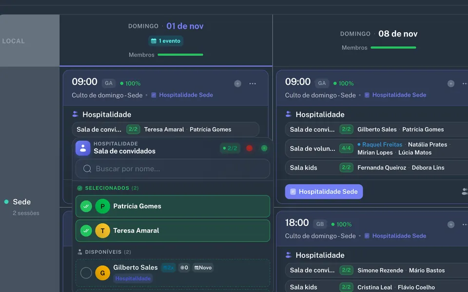 Lista de troca de uma posição: duas pessoas escaladas e um voluntário disponível para substituir